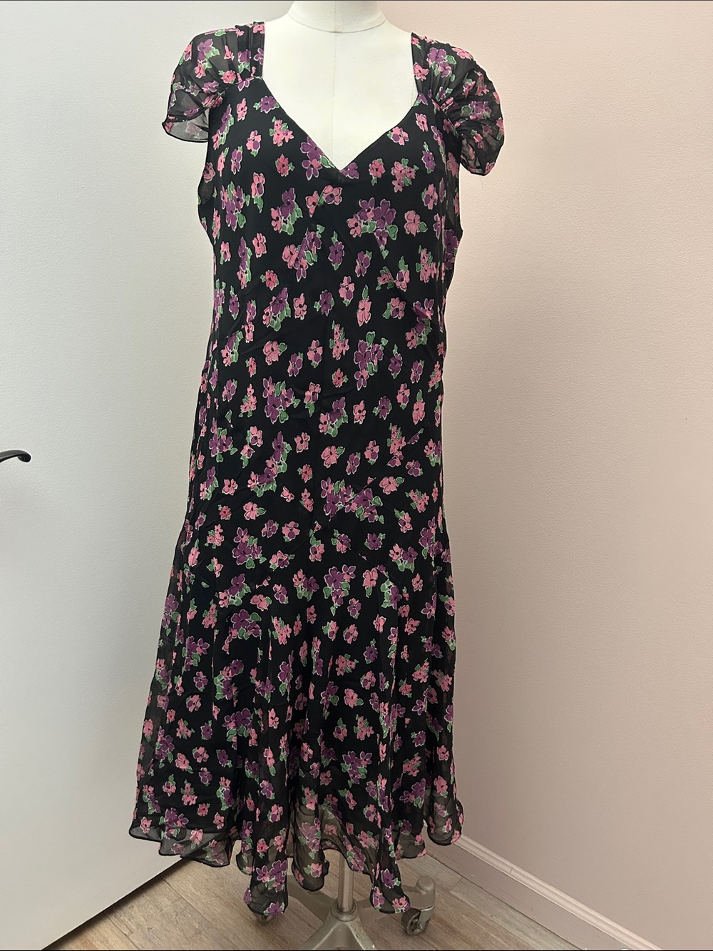 VTG Silk Chiffon Midi Dress with Pink & Green Floral Print bias-cut 16W - Picture 7 of 16